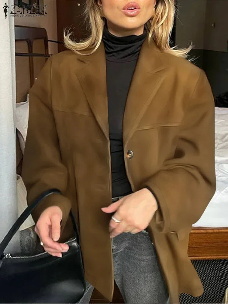 Casual Suede Women's Blazer 2025 Spring Fall Long Sleeve Lapel Neck Suit Jackets Elegant Single-Breasted Streetwear Coats