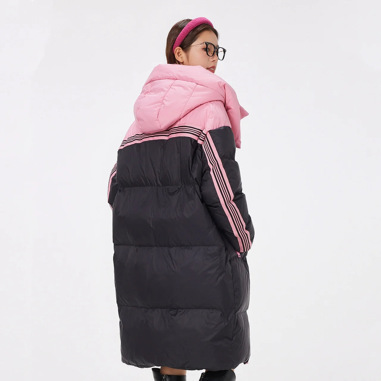 Women's Knee-Length Padded Coat With Detachable Hood, Stylish Colour-Blocking Windproof, Warm Duck Down Jacket For ladies