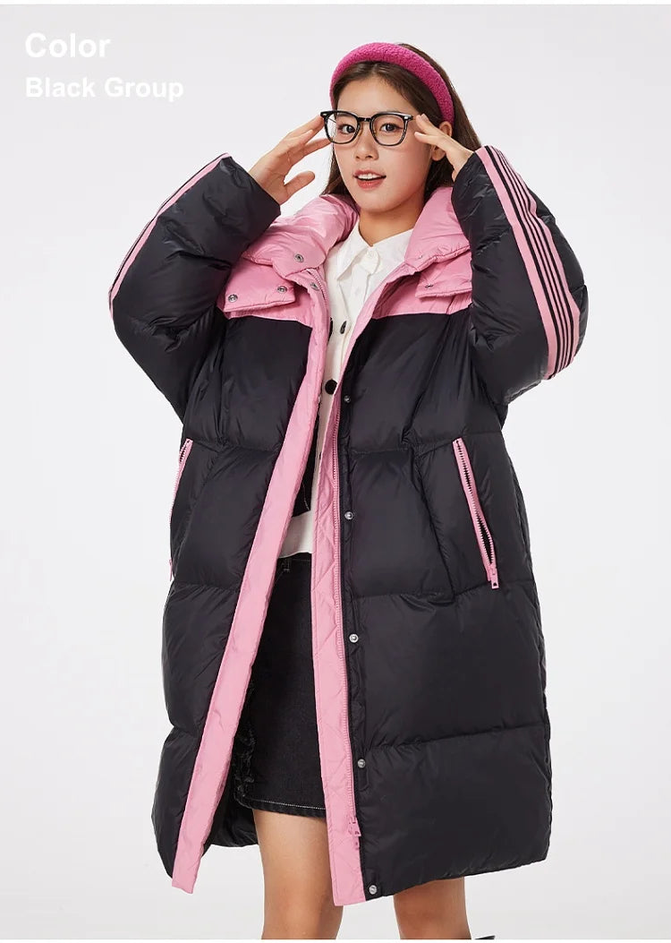 Women's Knee-Length Padded Coat With Detachable Hood, Stylish Colour-Blocking Windproof, Warm Duck Down Jacket For ladies