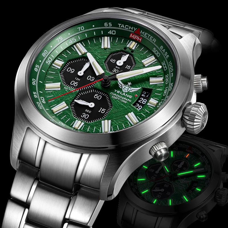 Yelang Men's Three Eyes Six Needles Japan OS00 Movement 100M Water Resistant Waterproof Diving Stainless Steel Quartz Watch