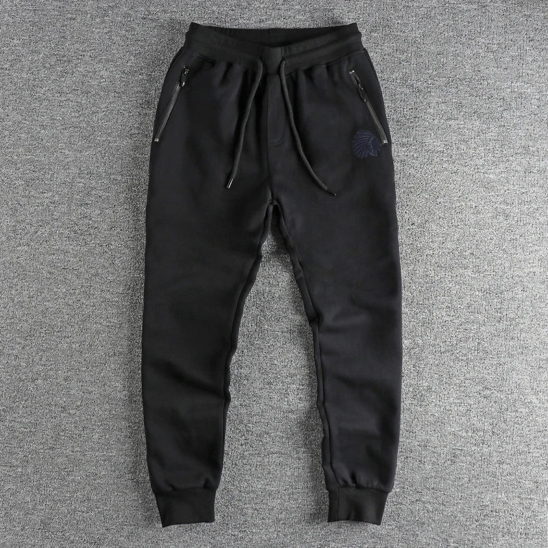Autumn American Retro Terry Knitted Embroidery Sweatpants Men's Simple Elastic Waist Drawstring Sport Casual Youth Slim Pants