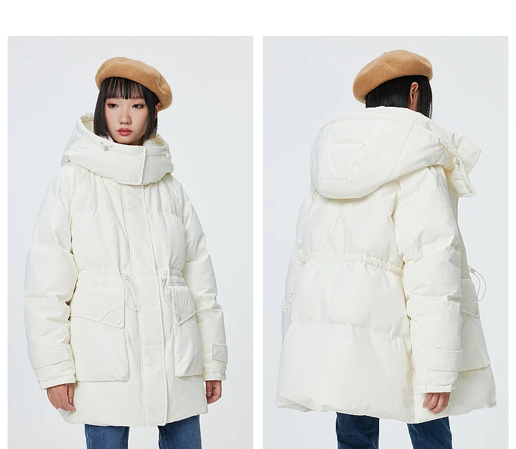 Women's Winter Warm Oversized Long Hooded Down Jacket, Adjustable Pig Nose, Buckle Waist Belt Utility Duck Down Parka For Ladies