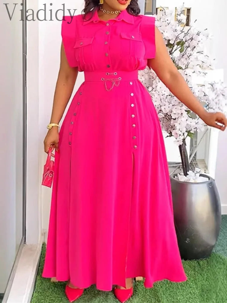 Women's Casual Solid Color Sleeveless Button Front Shirt Blouse and High Waist Big Swing Skirt 2pcs Set