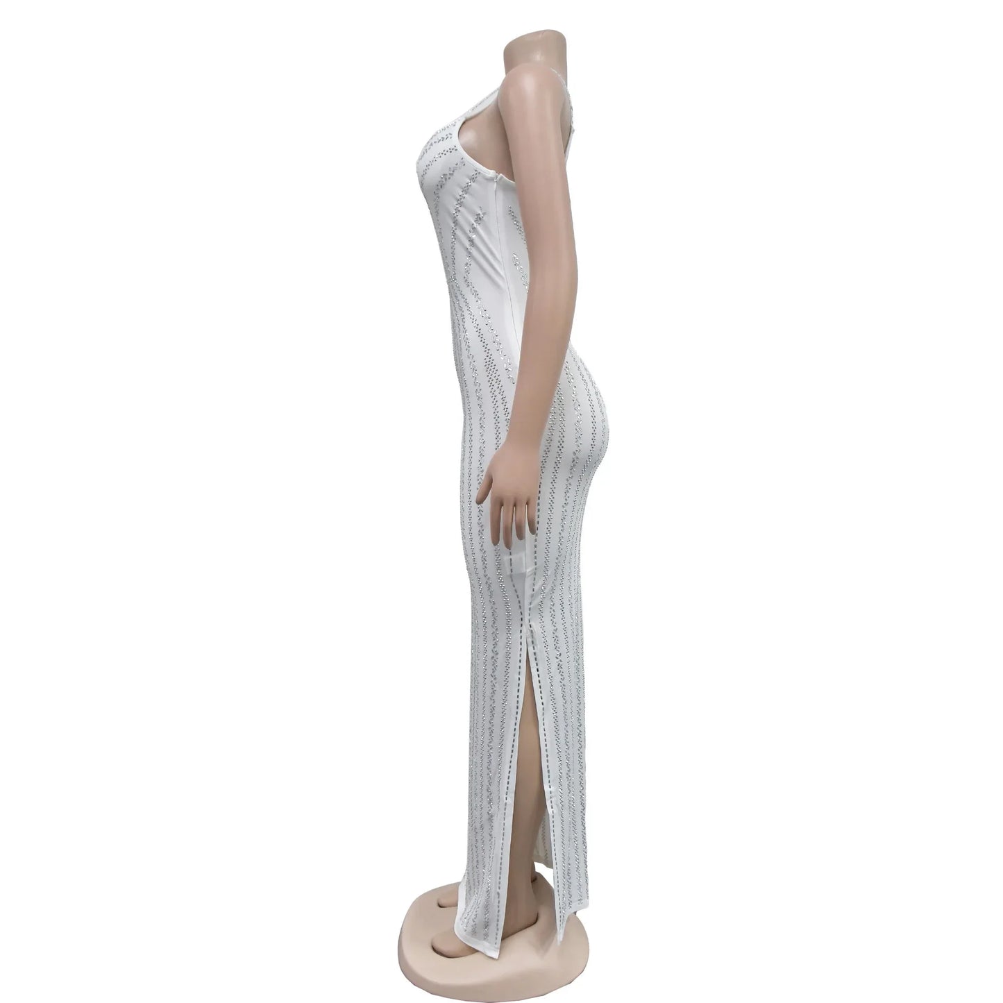 Women's Sexy Solid Color Spaghetti Strap Rhinestone Decor Deep V Neck Party Dress