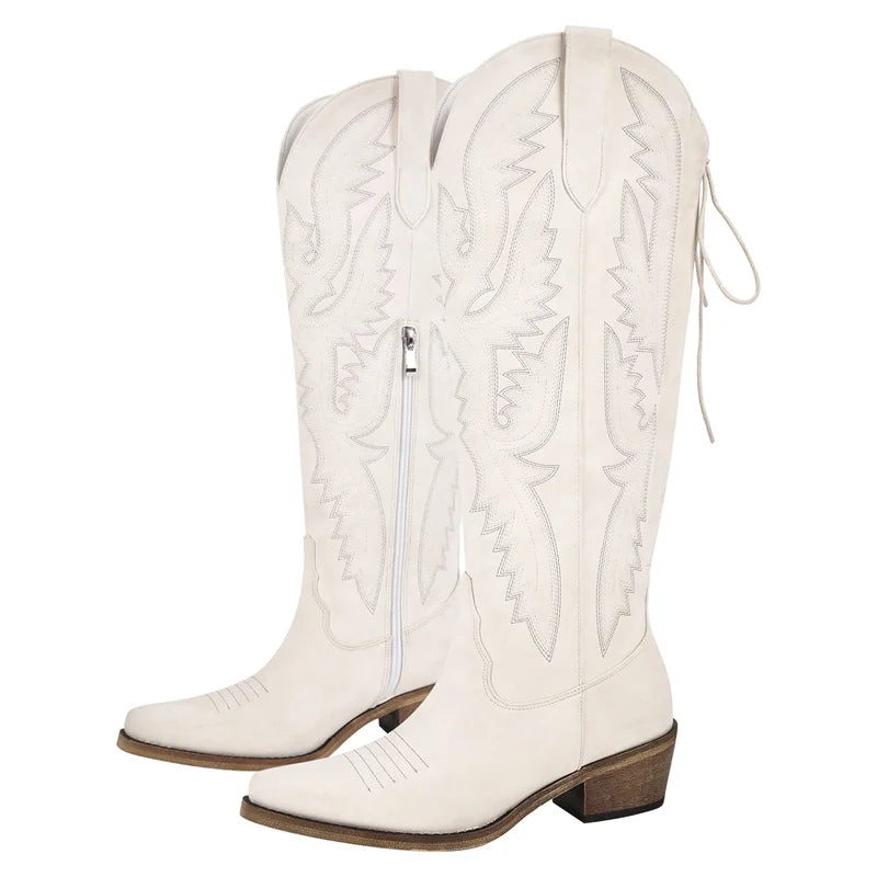 Women Pointed Toe Side Zipper Embroidered Western Cowboy Boots Block Heel Cowgirl Booties