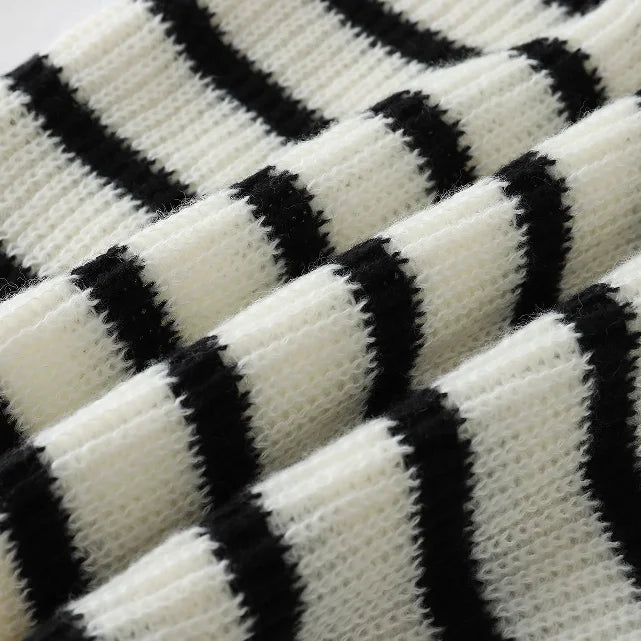 Elegant Women Striped Sweaters 2025 Spring Autumn Long Sleeve Turn-down Collar Knitted Pullovers Casual Stylish Jumpers