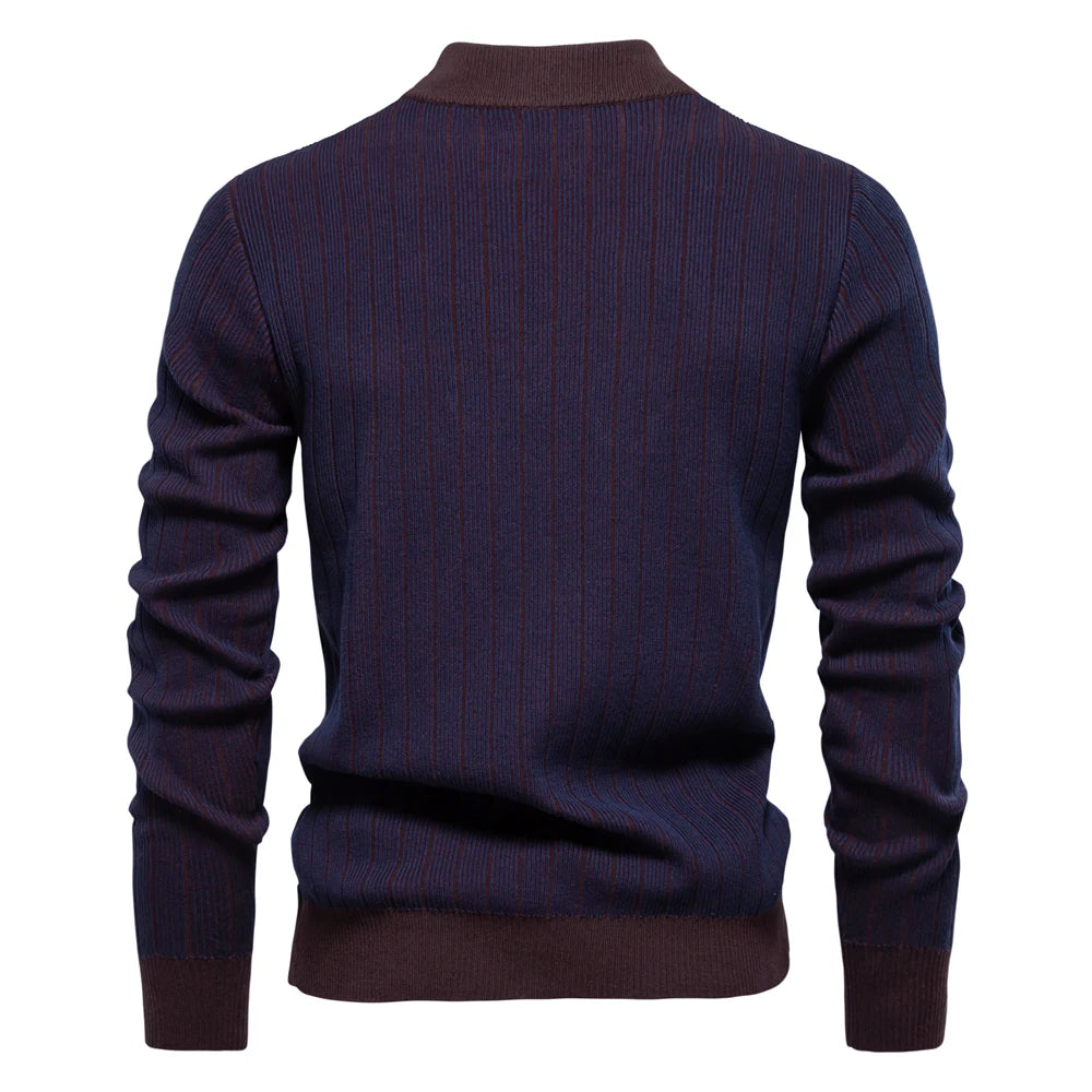 Men's Mock Neck Cotton Pullover Sweaters Autumn Winter Warm Stripped Sweater for Men
