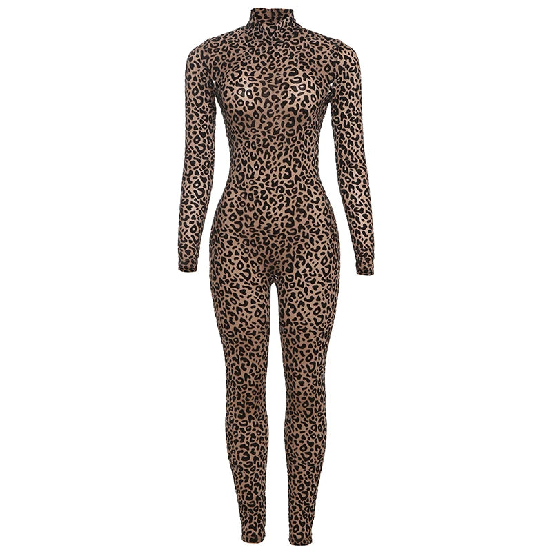 Autumn Sexy Leopard Mesh Jumpsuit Women Sexy Hipster Zip Stretch Midnight Workout Clubwear Fitness Street Overalls