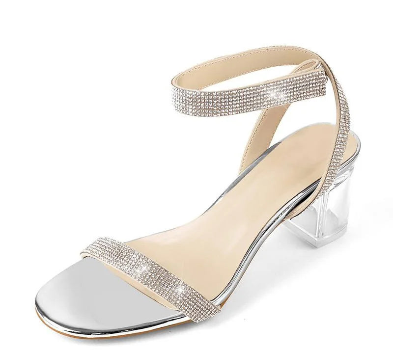 Women Peep Toe Rhinestone Strap Clear Block Chunky Sandals Transparent Perspex Chunky Heels Summer Sandals