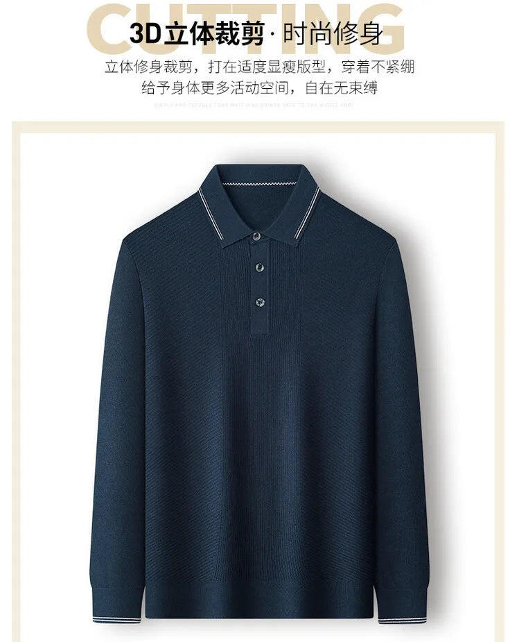 Men's Solid Colour Business Casual Polo Shirt, Suitable For Daily Commute, Pullover Sweater, Warm Knitted Long-Sleeved Cardigan
