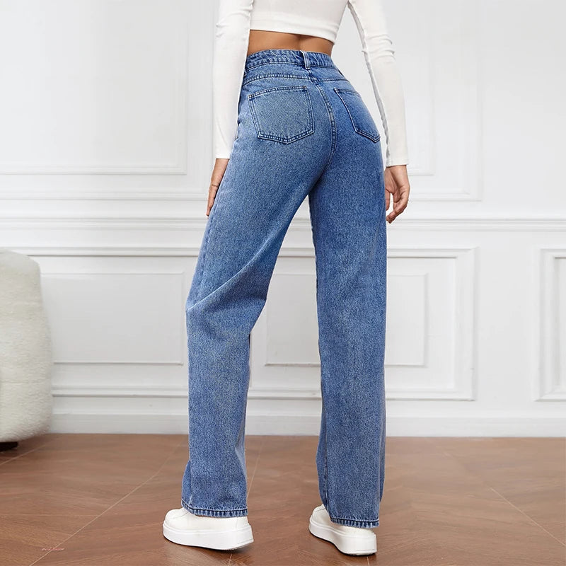 Women's Simple Versatile Straight Jeans Casual Loose High Waist Washed Denim Street Fashion Button Pocket Long Pants