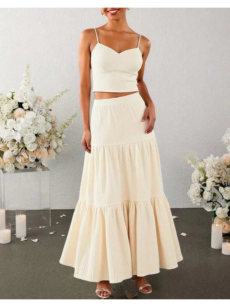 Sets Summer Simple Decent Solid Colour Screw Thread Sleeveless Sweetheart Neck High Waist Pleated Skirt Sets For Women