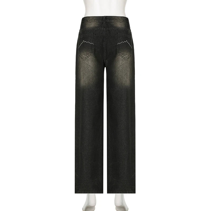 Women's American Vintage Loose Black Jeans Streetwear High Waist Straight Wide Leg Pants Casual Simple All-match Denim Pants