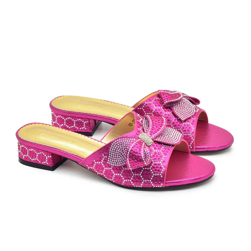Women Bow Pumps Decorated with Rhinestone Slip-On Peep Toe Low Heels Ladies Dress Party Shoes for Bride's Wedding