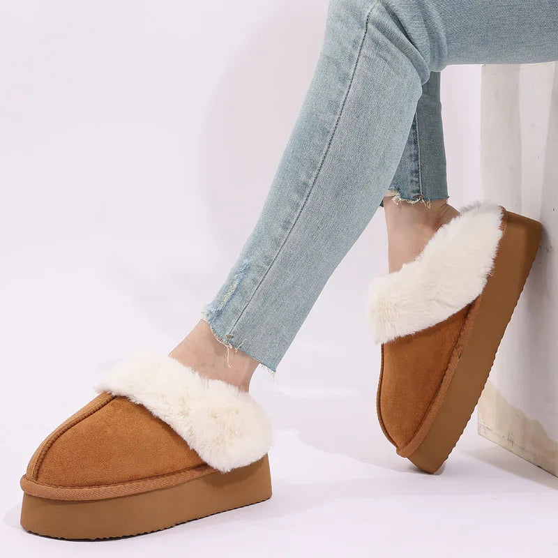 Women's Fluffy Plush Winter Shoes With Thick Sole Fuzzy Slides Suitable For Indoor and Outdoor Use With Anti-Slip Platform Fur Slippers
