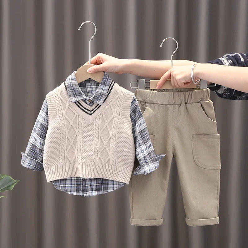 3-delige lente kinderkledingset, schattig dun vest + blouse + broek, meisjes, kleurblok, raster, bovenkleding, 1-3 jaar, unisex