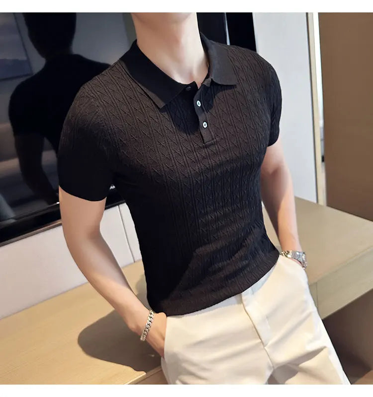 Men's Slim-Fit Jacquard Knitted Short-Sleeved Polo Shirt for Male Fashion Lapel Golf Shirt