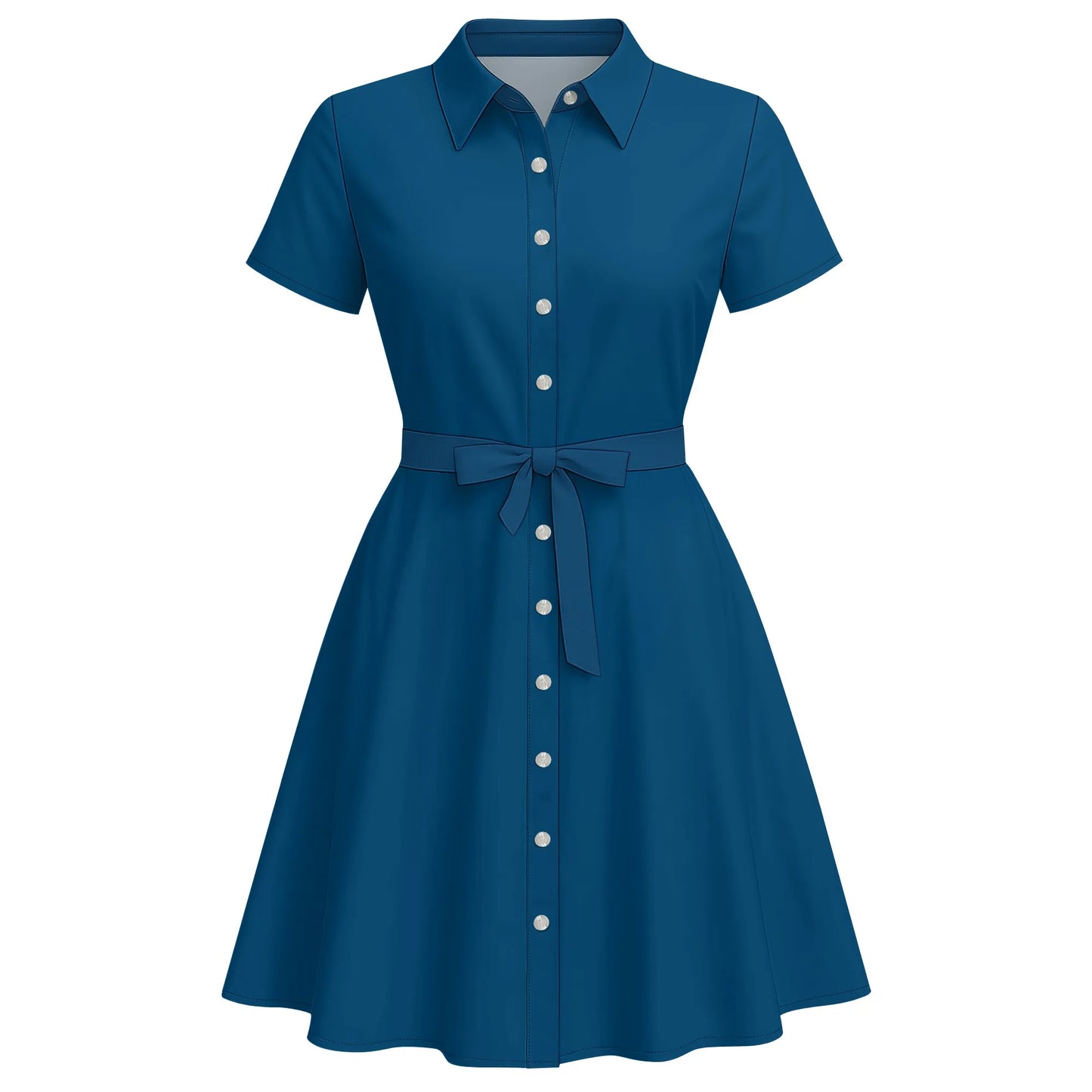 Women's Fashion Button Up Split Dresses Short Sleeve Casual Solid Color Midi Dress A-Line Swing Dresses with Belt