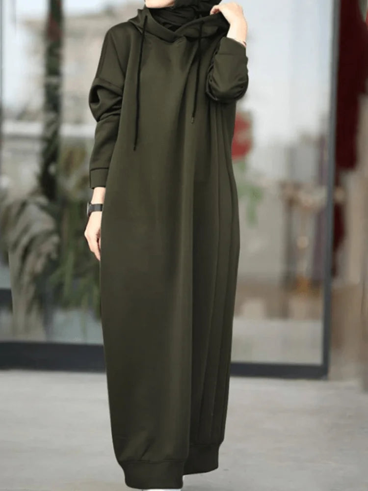 Women Winter Pullovers Stylish Hooded Dress Casual Long Sleeve Maxi Vestidos Female Drawstring Robe Femme