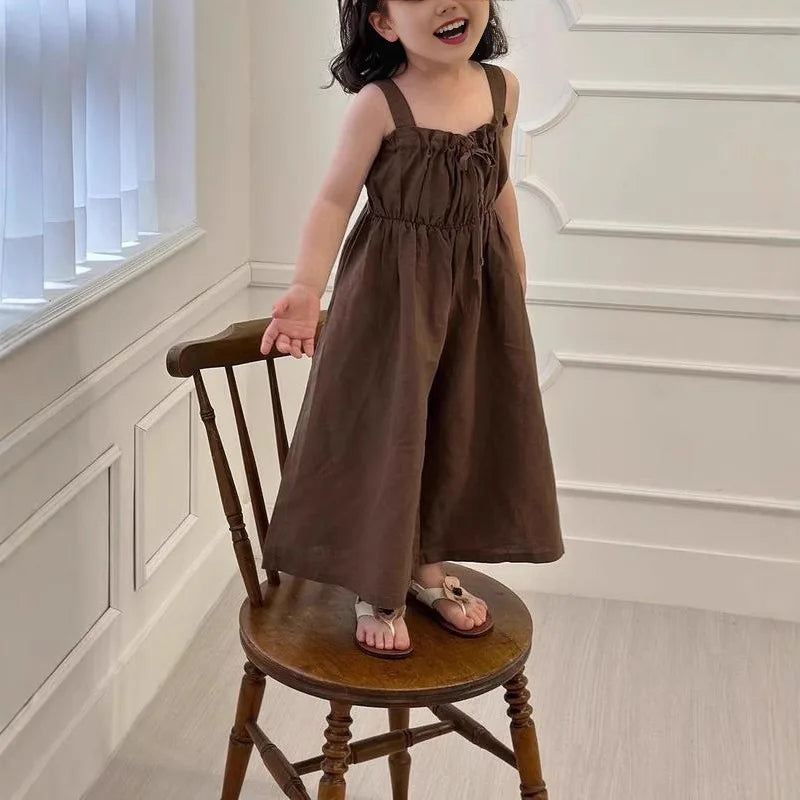 2025 Summer New Girls Fashion Sling Wide Leg Pants Cotton Children Casual Overalls Kids Jumpsuit Solid Baby Girls Loose Trousers 4-6Y