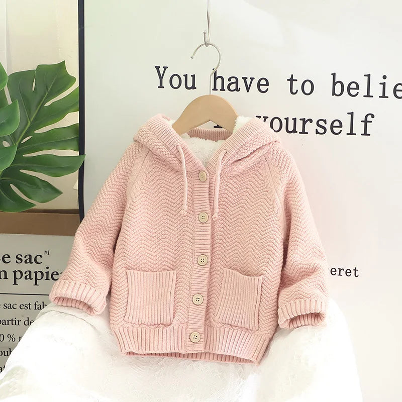 Winter Kids Sweaters Fur Lining Girls Cardigans Warm Boys Knitwear Children Outfit 1-7Y Unisex