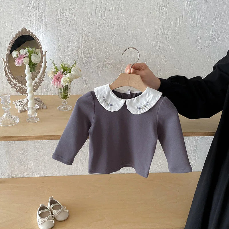 Herfst Baby Onderhemdjes Zoete Borduurwerk Bloem Strik Baby Meisjes Bottoming Shirt Peuter Dunne Kleding Tops 0-3T Meisjes