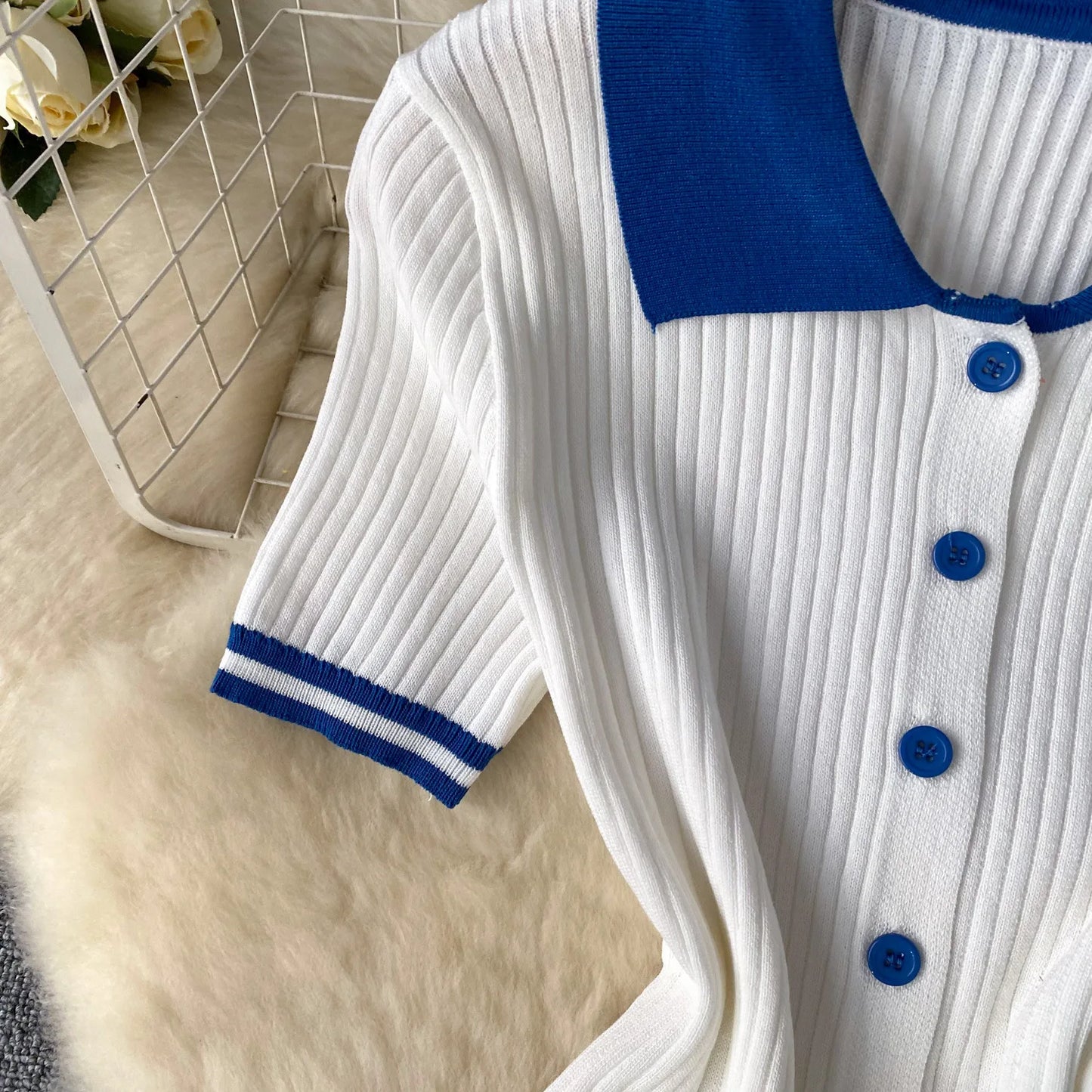 Women's Fashion Patchwork 2 Piece Set Polo-Neck Single-Breasted Tops + Ruched Ruffles Mini Skirts Y2K Style Street Outfits