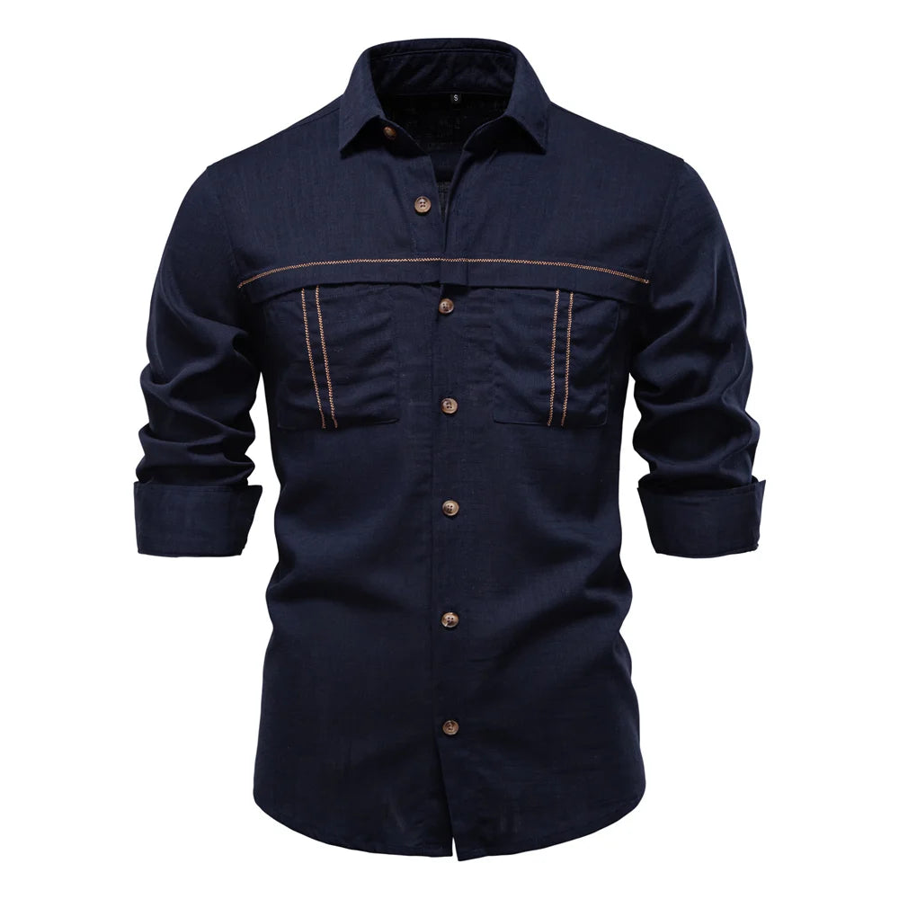 Spring Men's Long-Sleeve Pure Colour Linen Shirt For Casual Comfort and Style Breathable Male Shirts