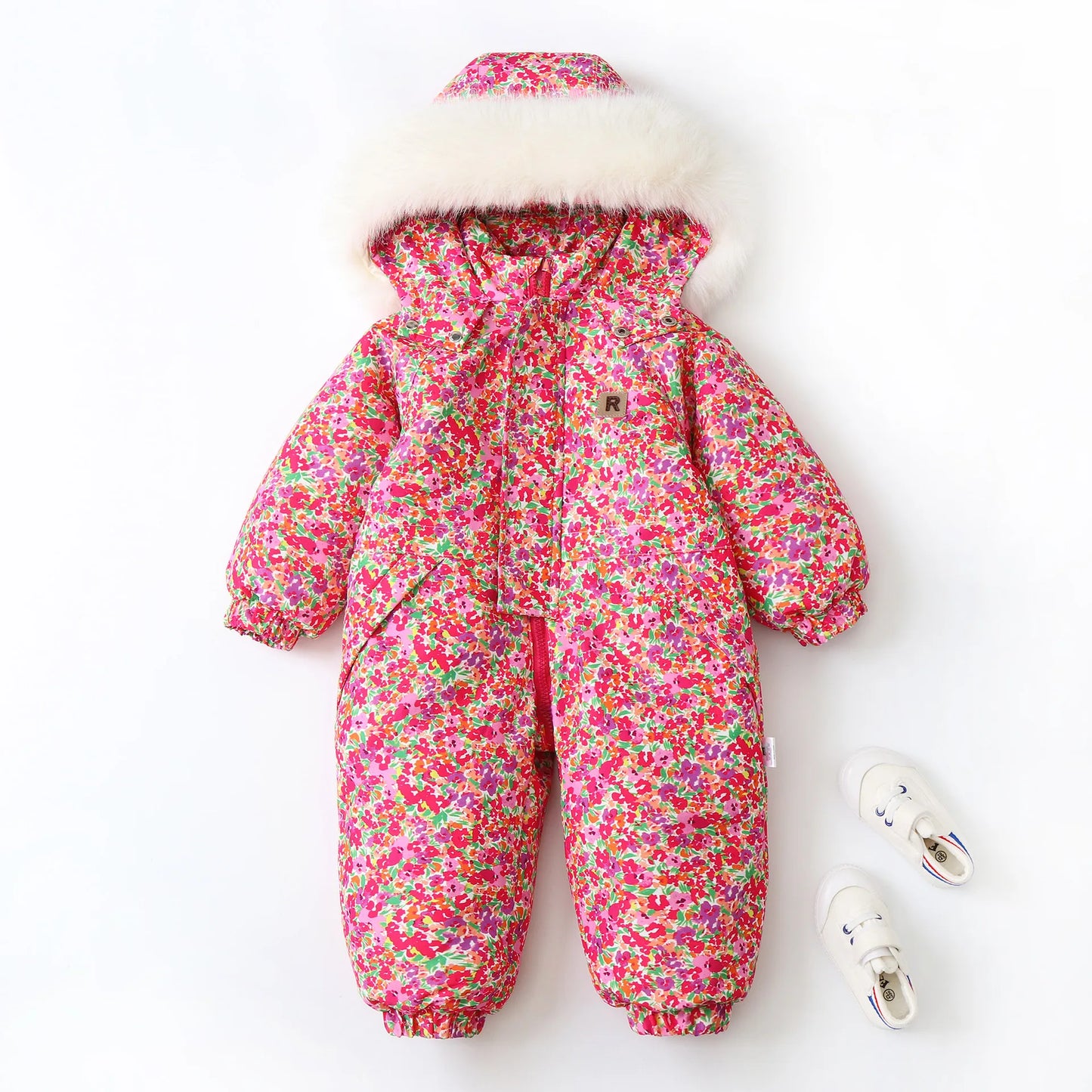 Unisex Children's Snowboard Winter Warm Clothing Snow Suit Floral Printed Fur Lining Hooded Snowboard Coats For Kids