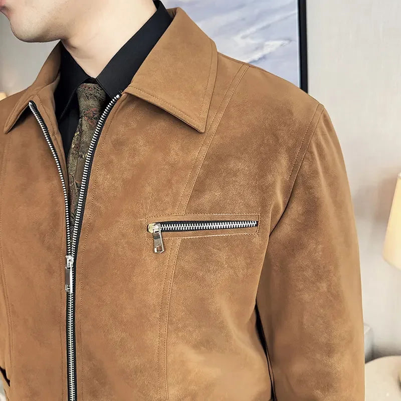 Men's Suede Casual Jacket, Lapel Fashionable Jacket, High-Grade Zipper Decorations, Business Casual Warm Male Coat