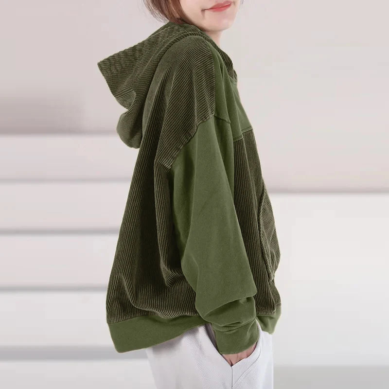 Women Patchwork Corduroy Hoodies Loose Casual Irregular Pocket Hooded Sweatshirts 2024 Fall Colour Block Long Sleeve Tops