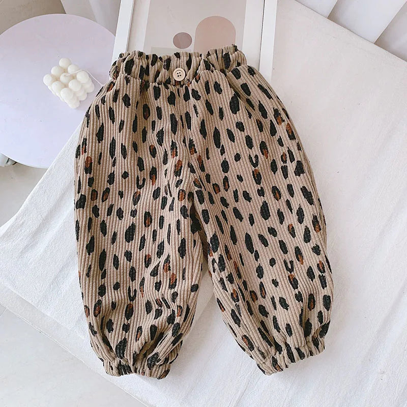 New Autumn Girls Boys Casual Pants Leopard Print Kids Corduroy Pants Loose Korean Version Fashion Children Trousers 1-8T Unisex