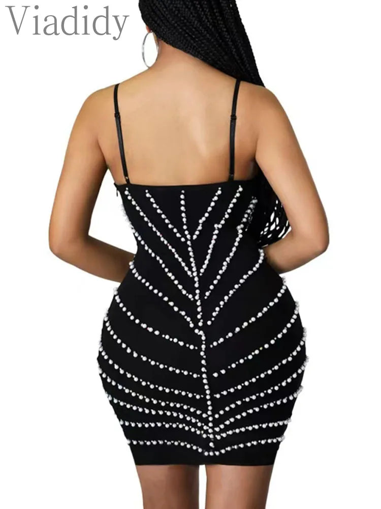 Women's Sexy Solid Color Deep V Neck Spaghetti Strap Beads Rhinestone Decor Mini Party Dress