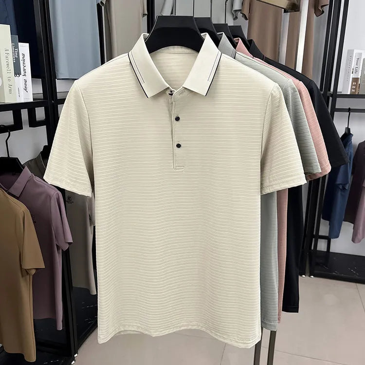 Men's Short-Sleeved T-Shirt, Subtle Striped Texture, Classic Collar Design With Button Details - Soft and Breathable Fabric Polo