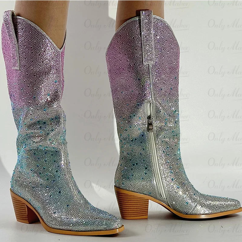 Women Pointed Toe Rhinestone Knee High Western Cowgirl Boots Glitter Bling Shiny Block Heel Lady Boots