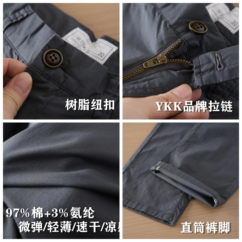 2025 Summer New American Retro Thin Quick-drying Elastic Commute Pants Men's Simple 97% Cotton Washed Casual Straight Trousers