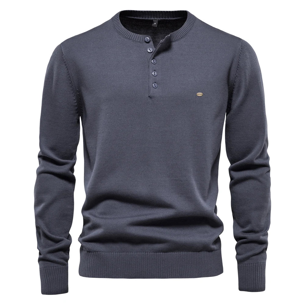 Men's Henley Collar Sweaters 100% Cotton Solid Colour Casual Pullovers Autumn Thin High Quality Sweaters for Men