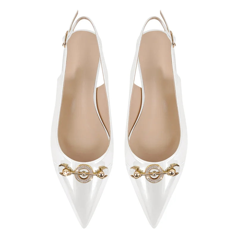 Women Pointed Toe Slingback Sandals Big Size Patent Leather Ankle Strap Party Dress Shoes