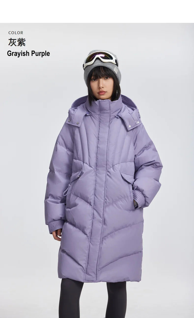 Women's Winter Down Jacket Duck Down Detachable Hood Puffer Coats, Simple Korean Style Mid-Length Jacket for Ladies