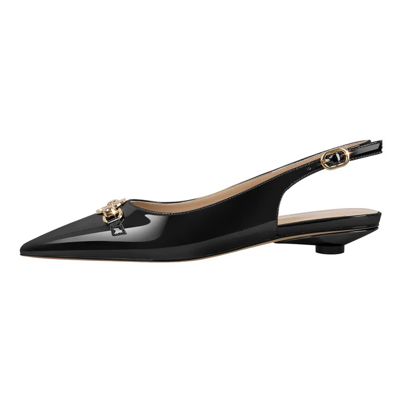 Women Pointed Toe Slingback Sandals Big Size Patent Leather Ankle Strap Party Dress Shoes