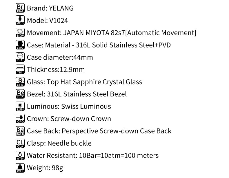 Yelang V1024 Men Brand Watches 44mm Japan Miyota 82S7 Automatic movement Luminous Men 100m Water-Resistant Watch Military Style