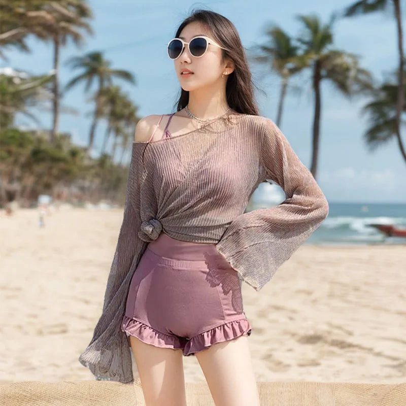 Summer Swimming Swimwear Set for Women Vacation Beach Sun-Proof Shorts Swimsuit Sexy Bikini Beachwear Swimsuits 3-Piece Set