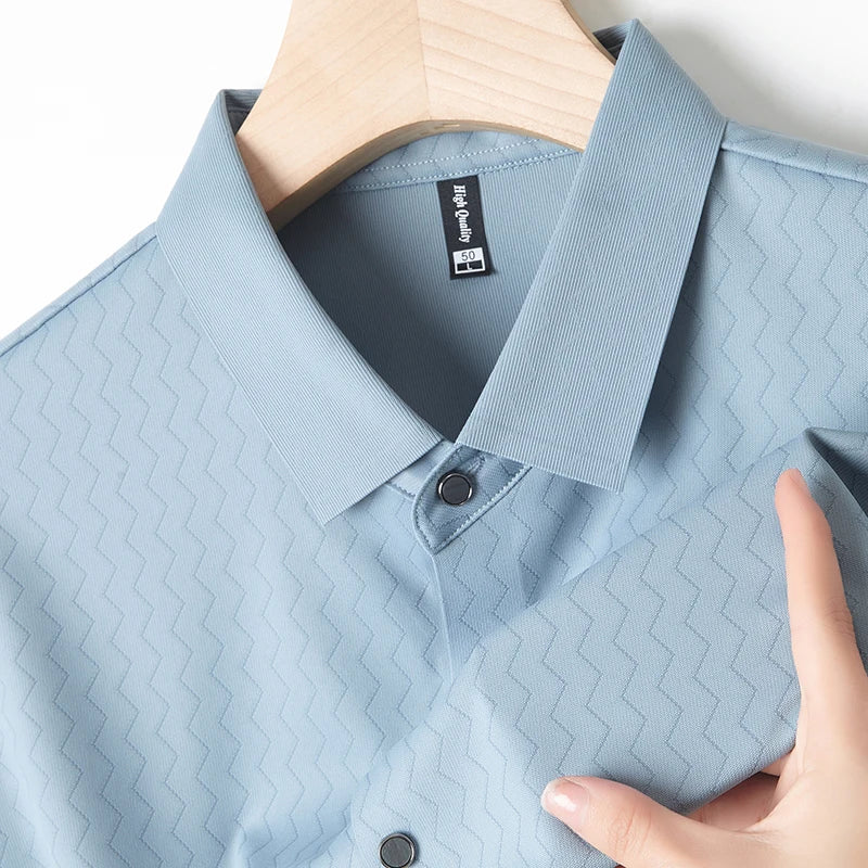 Men's Summer Lapel Shirt, Slim Fit Short-Sleeved, Fashion Dark Pattern Knitted Fabric Polo Shirt