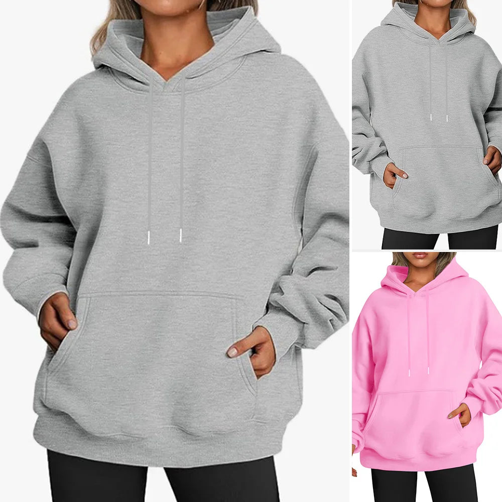 Women's Hoodie Autumn Winter Daily Solid Colour Pocket Front Drawstring Long Sleeve Hooded Hoodie