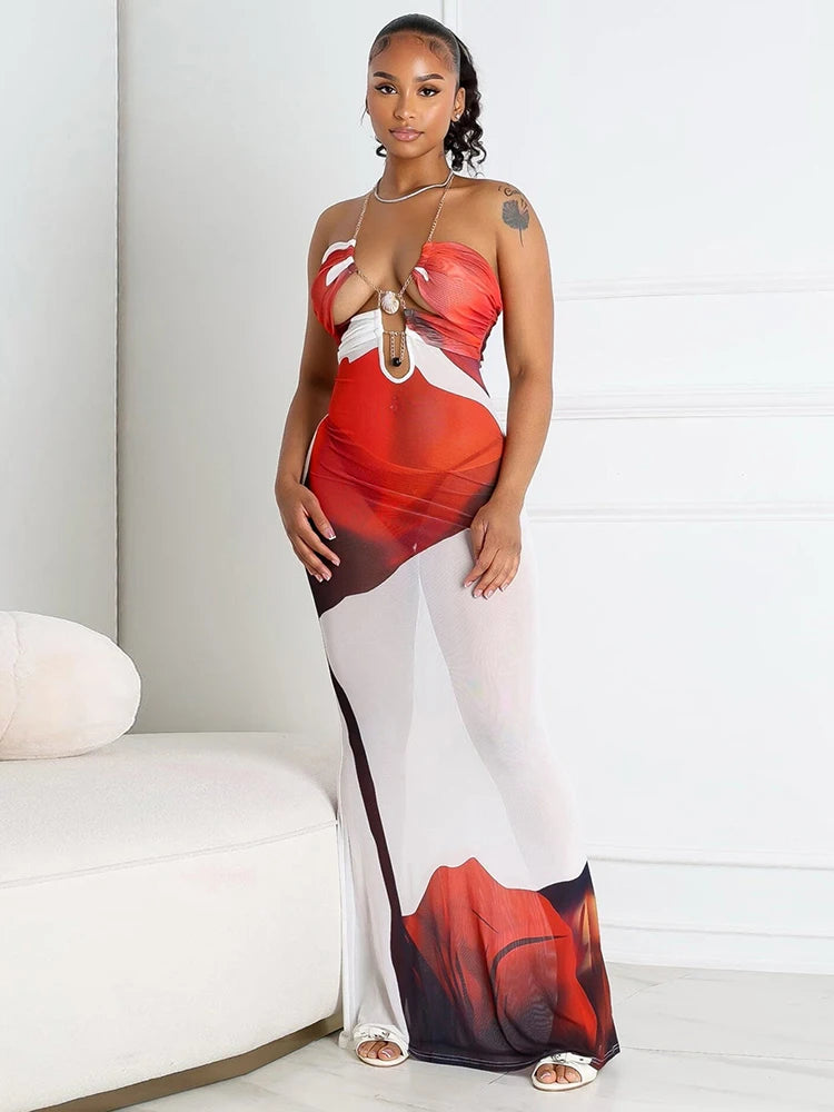 Seashell Metal Chain Hollow Halter Dress Women Flower Print Sexy See Through Backless Skinny Peach Hip Long Bodycon
