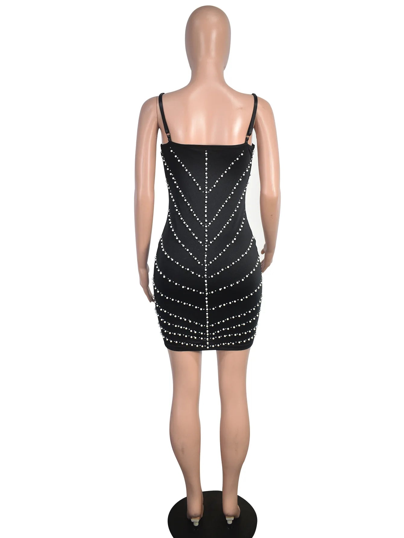 Women's Sexy Solid Color Deep V Neck Spaghetti Strap Beads Rhinestone Decor Mini Party Dress