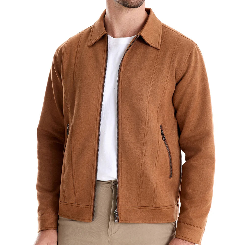 Men's Brown Suede Turn Down Collar Jacket Casual Business Faux Leather Trucker Jackets Coat For Men