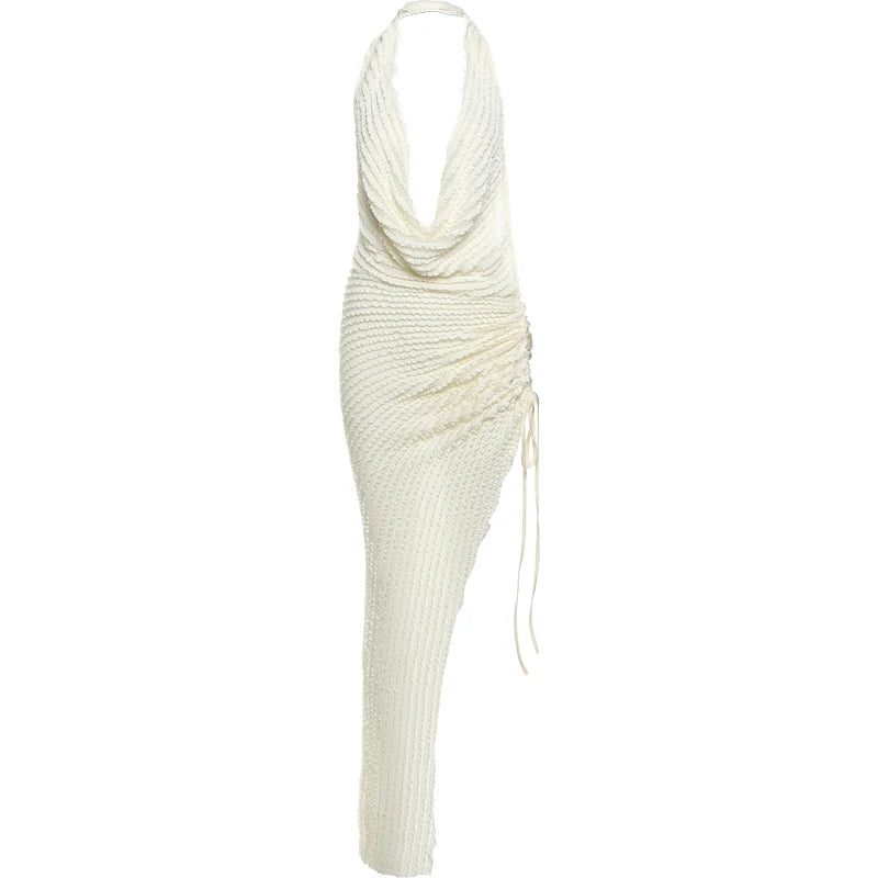 Women's Ruched Elegant Dress Halter Swing Collar Sexy Cleavage Backless Sleeveless Irregular Shirring Skinny Vestidos