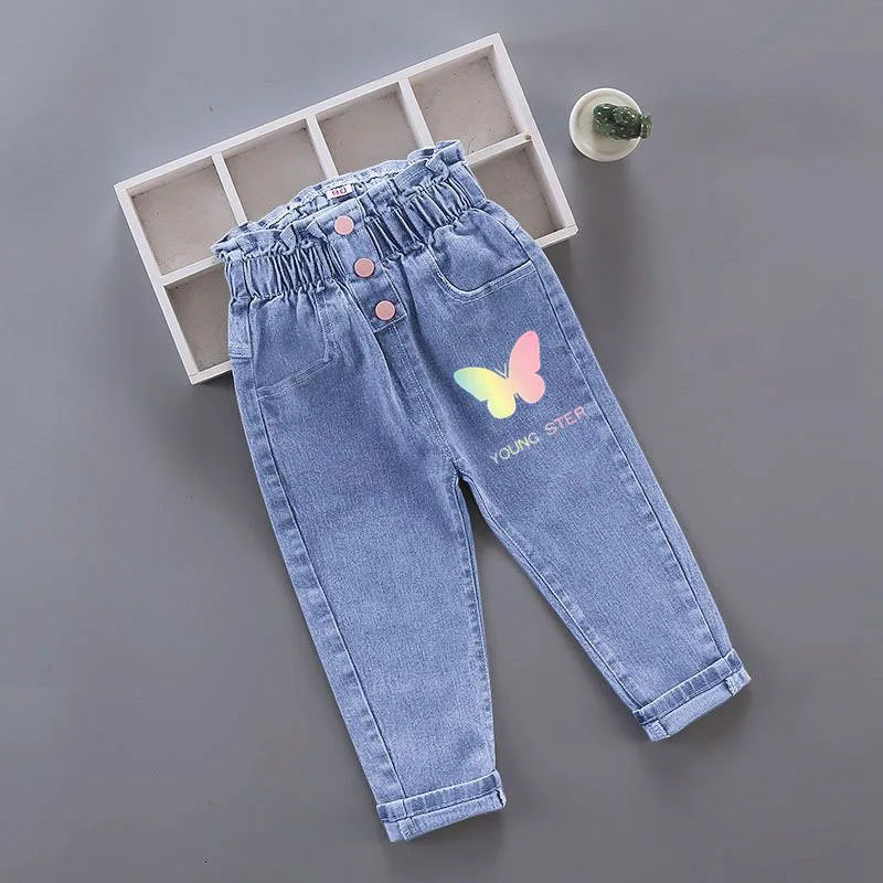 New Spring Kids Jeans Girls Boys Cute Embroidery Cherry Flower Denim Blue Pants Children Outwear Trousers 4-6Y Unisex