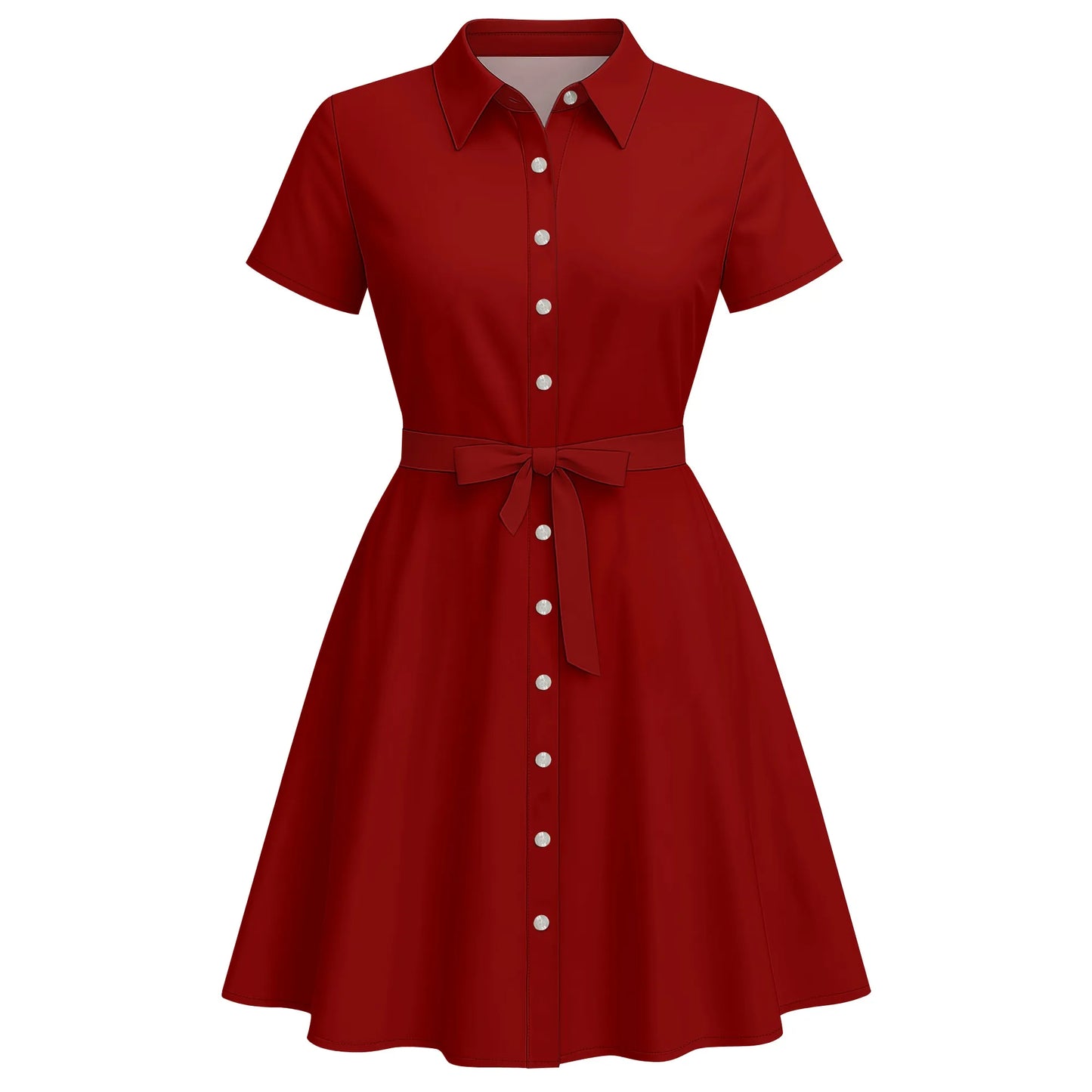 Women's Fashion Button Up Split Dresses Short Sleeve Casual Solid Color Midi Dress A-Line Swing Dresses with Belt